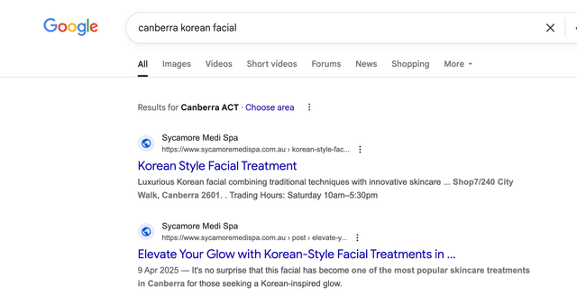 Google search result for canberra korean facial